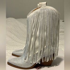 Jessica Simpson White Rhinestone Fringe Boots